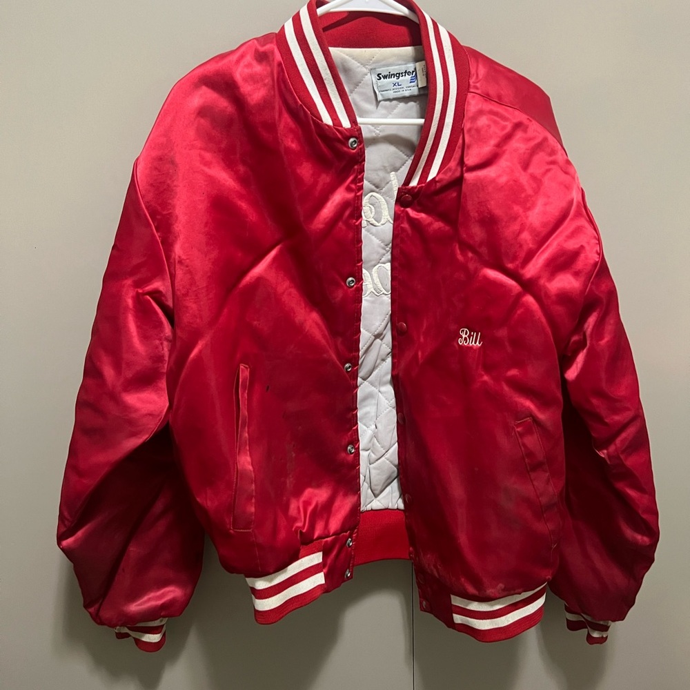 Red Satin Bomber Varsity Jacket with White Trim